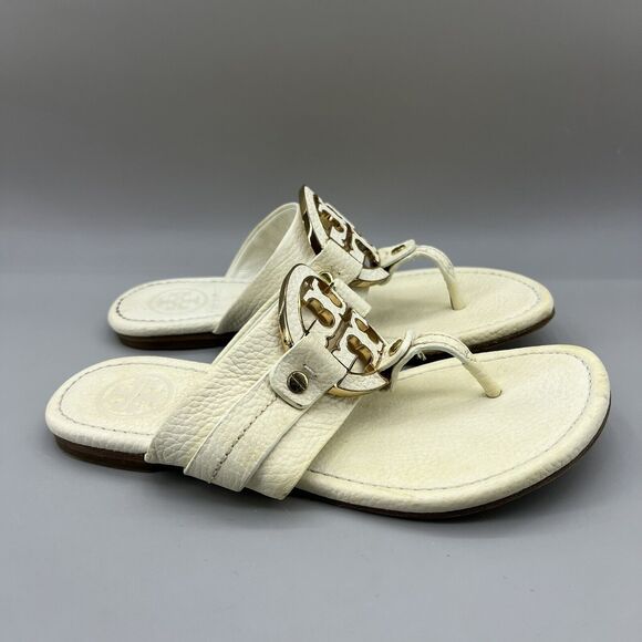 Tory Burch Amanda Thong Logo Sandals Women Size 5 M White Sand Leather Flip Flop - Picture 1 of 10